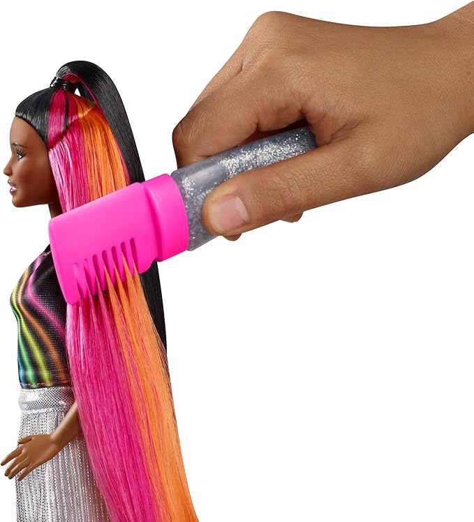 Barbie Rainbow Sparkle Hair Doll Featuring Extra-Long 7.5-inch Brunette Hair with a Hidden Rainbow of Five Colors, Sparkle Gel and Comb and Hairstyling Accessories, Gift for 5 to 7 Year Olds