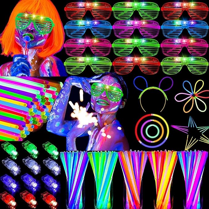 170 PCS Glow in The Dark Party Supplies,100 Glow Sticks, 30 LED Glasses and 40 Finger Lights, Light Up Party Favors for Wedding, Birthday, Concert, Raves, New Year