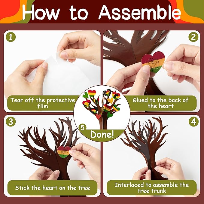WATINC Black History Month Heart Tree Craft Kits, Make Your Own African American Heart Trees Decoration, DIY Black History Holiday Celebration Craft Supplies Home School Fun Activity for Kids (16Pcs)