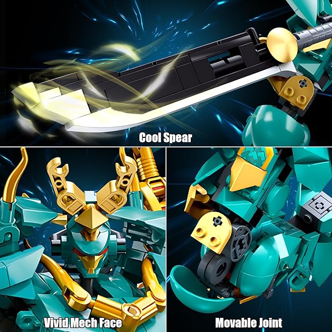 Mech Robot Building Blocks Set for Adults, Cool Green Dragon Warrior Model Kit with Long Spear Toy Playset, 704 pcs Collectible Mythical Ninja Gifts for Teens Boys Ages 12+