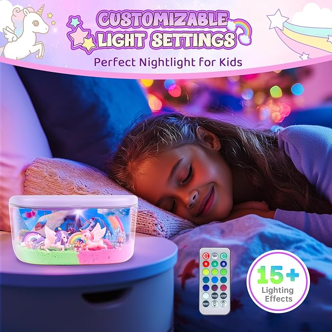 Unicorn Terrarium Kit Gifts for Kids - DIY Night Light Up with Remote - Unicorn Toys for Girls Ages 4 5 6 7 8 9 10 11 12 + Year Old Fun Easter Birthday Sand Arts and Crafts for Kids