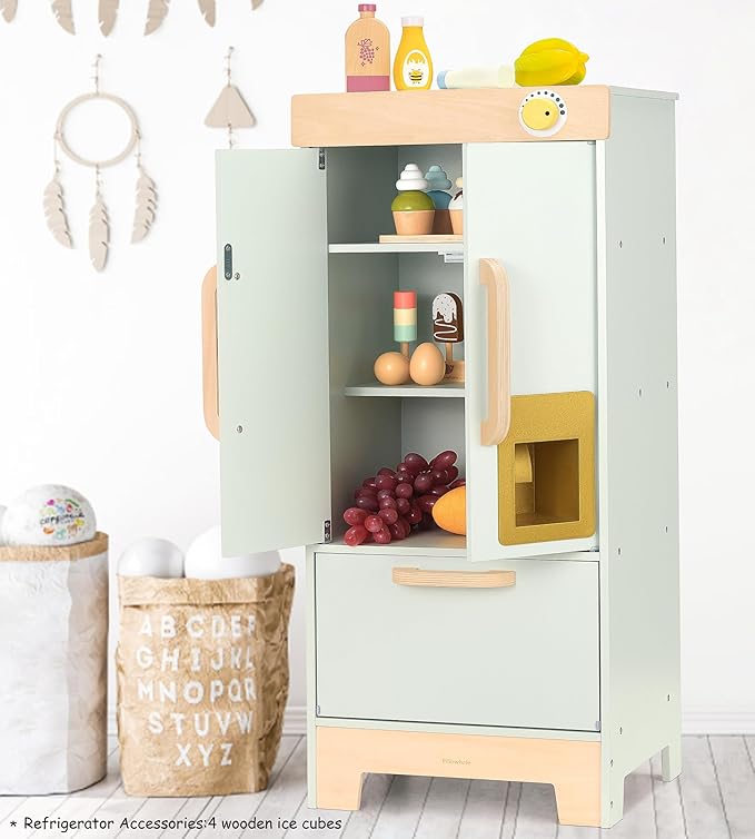 Wooden Play Kitchen Toy Fridge,Pretend Play Fridge with Ice Maker,Kids Refrigerator Freezer Set Kitchen Accessories,Toddler Play Kitchen for Boys & Girls Age 3+