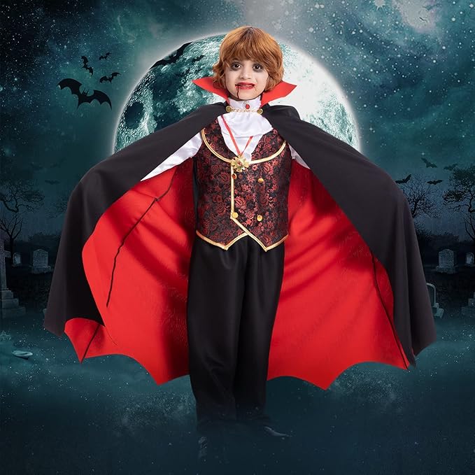 Vampire Costume for Boys Scary Halloween Party, Vampire Teeth Vampire Cane and Cosmetic Kit Included