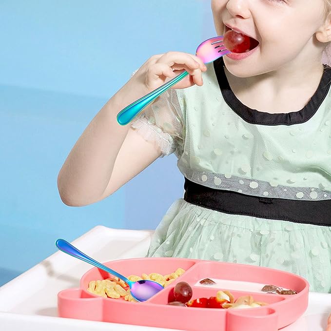 LIANYU 10-Piece Rainbow Children Silverware Set, Kids Forks and Spoons Silverware Set, Stainless Steel Toddler Utensils Flatware, Child Cutlery for Home Preschools, Dishwasher Safe
