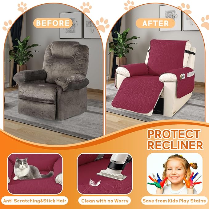 XINEAGE 100% Waterproof Recliner Chair Covers with Elastic Straps, Nonslip Reclining Couch Covers Washable Recliner Couch Cover with Pockets Furniture Protector for Pets Dogs (Wine Red, 23")