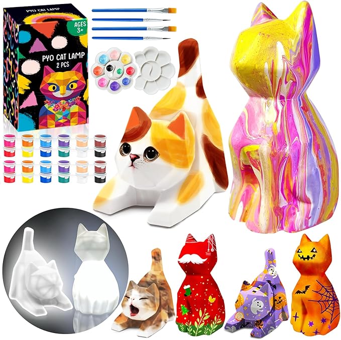 FUNZBO 2Pcs Paint Your Own Cat Lamp Kit - Arts and Crafts for Kids Teens Adults, Art Supplies Painting Kits for Kids, Toys Girls Boy Birthday Gift Ages 3 4 5 6 7 8 9 10 11 12 13+