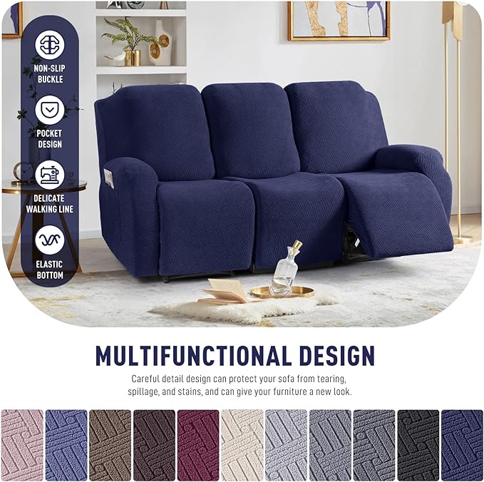 KinCam Recliner Covers, Stretch Reclining Chair Covers, Recliner Sofa Slipcovers Stripe Jacquard Recliner Couch Covers Furniture Protector Covers for Pet Kid (3 Seater, Dark Blue)