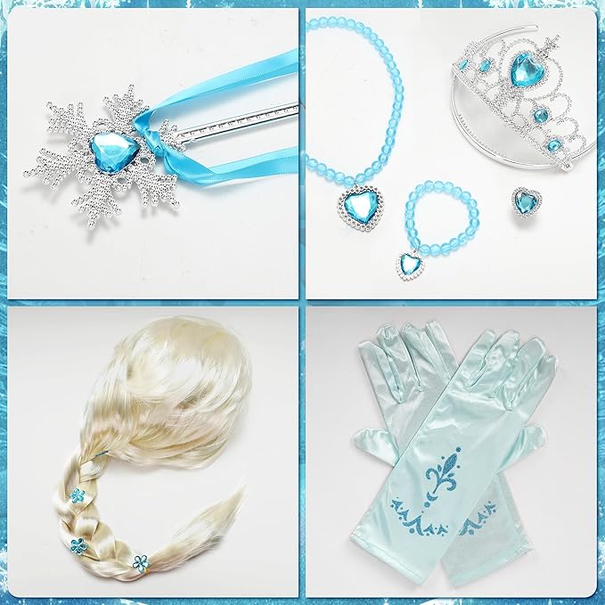 Els-a Princess Dress Costume Girls - 47.24 Inch Froze Cute Blue Princess Skirt Wig Set Role Play for Valentine's Day Birthday Party Gifts for Girls(120cm)