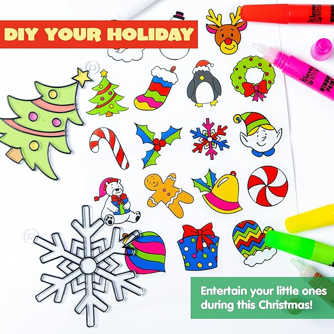 JOYIN Christmas 18 PCS Window Sun Catchers DIY Paint Art and Craft Kit, Make Your Own Window Clings for Christmas Holiday Decorations,Kids Art Project