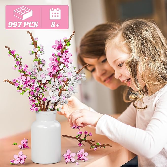 Cherry Blossoms Flowers Bouquet Building Set,Artificial Flower for Home or Office Décor,DIY Flower Botanical Collection Building Set,Gift for Birthday Anniversary,Christmas,Valentine Day