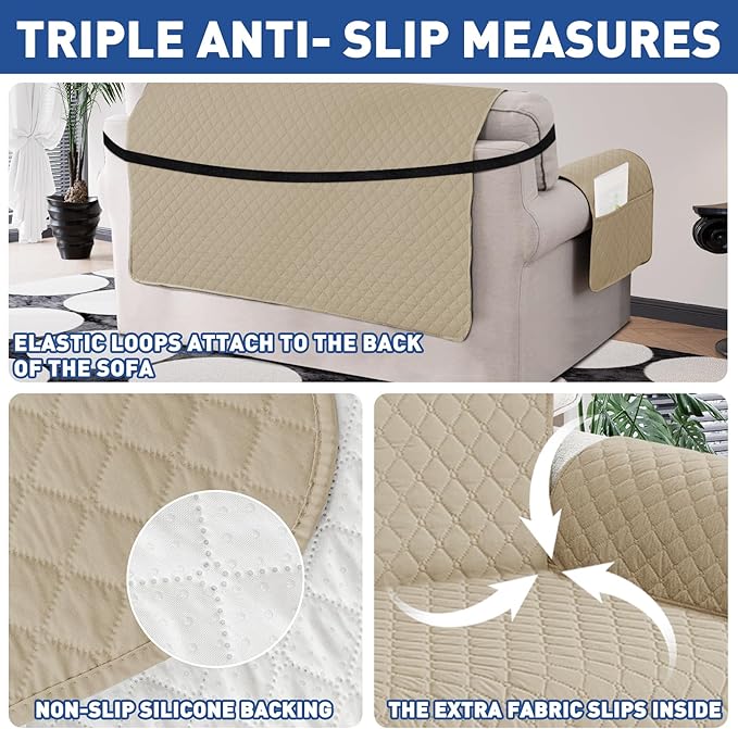 XINEAGE Quilted Chair Sofa Cover Waterproof Chair Covers for Armchair, Super Soft Washable Slipcover with Pockets & Non-Slip Elastic Straps, Thick Furniture Protector (Chair, Khaki)