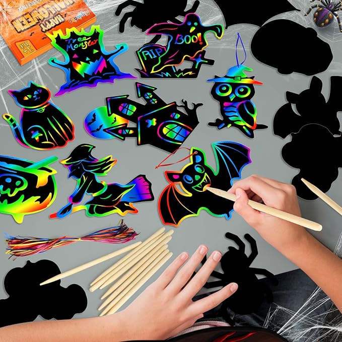 Halloween Crafts Kit for Kids, 48 Pcs Magic Scratch Off Cards Paper Hanging Set, Halloween Party Favors Gifts Ornaments for Kids Halloween Party Games Classroom DIY Activity Art Craft Supplies