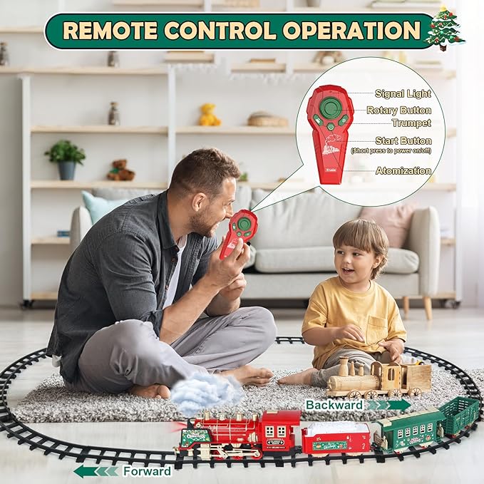 Christmas Train Set - Updated Remote Control Christmas Train Toys w/Smoke, Sounds, Lights, Rechargeable Electric Train for Around Christmas Tree, Train Toys Gifts for 3 4 5 6 7 8+