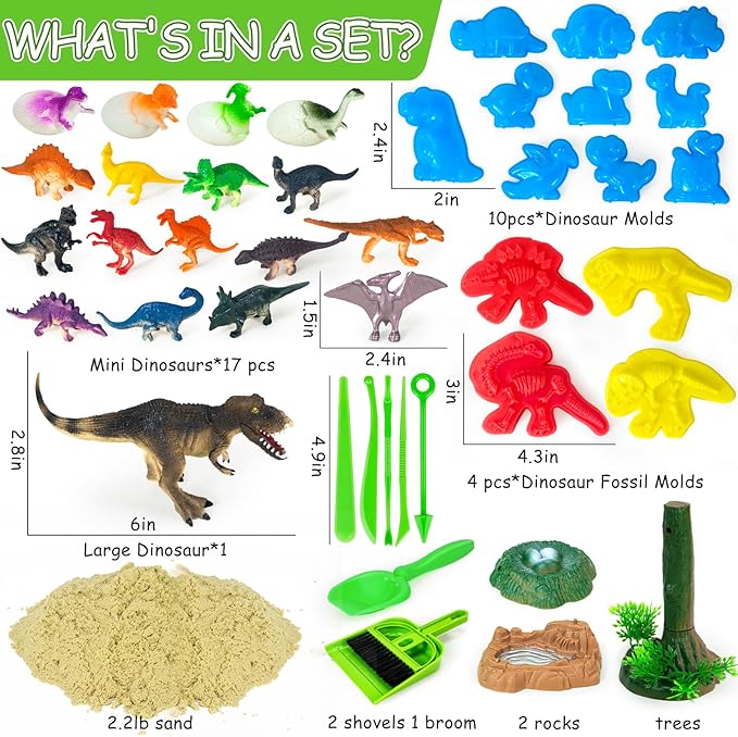 YongnKids Dinosaur Sensory Bin Sandbox Toys,Sensory Sand Art Kit with 14 Dinosaur Toys & 2.2lb Magic Sand & Dinosaur Sand Molds -Fun Sand Toys Birthday for Girls Boys Toddler 3 4 5 6 7 Years Old