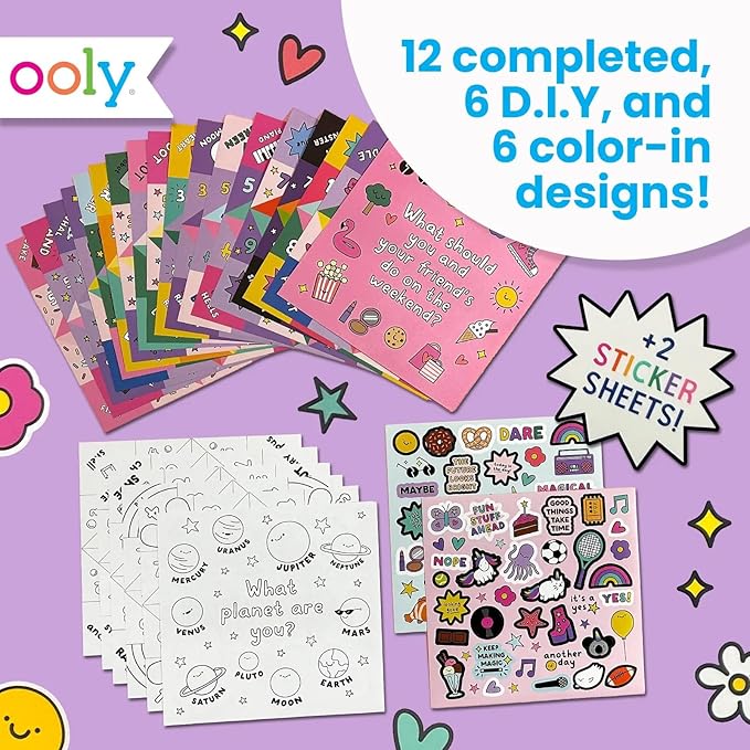 Ooly DIY Paper Kit, 24 Fortune Teller Designs & Stickers, Kit Includes 12 Completed, 6 Blank and 6 Color-in Folding Fortune Teller, Great Summer Arts & Crafts Activities
