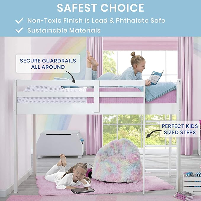 Delta Children Twin Loft Bed with Guardrail and Ladder + Tent [Bundle], White/Dots