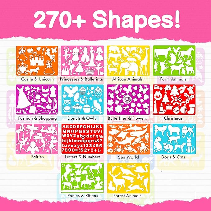 Mimtom Drawing Stencil Kit for Kids, 51 PC Art Set with 270+ Shapes, Sketch Pad, and Colored Pencils for Child's DIY Arts and Crafts, Draw with Princess, Fairies and Animal Stencils, Pink