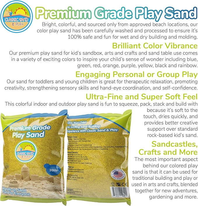 Classic Sand and Play Yellow Colored Play Sand, 20 lb. Bag, Natural and Non-Toxic, Fun Wet and Dry Indoor and Outdoor, Sandbox, Therapy, and Table Use, Building, Stimulate Sensory Needs