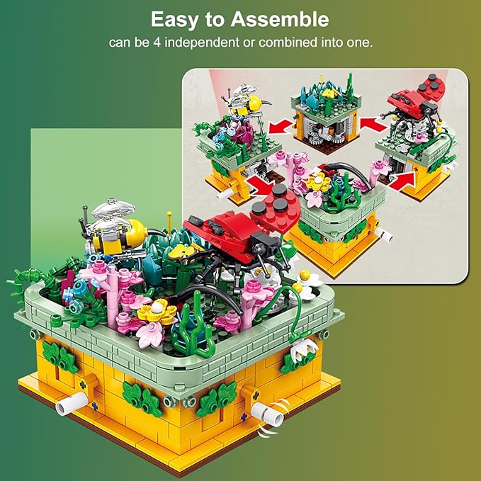 Toy Building Block, Insect Flowers Collection 4 in 1 Model Kit Bricks, Creative Insects Building Block Sets, Hobbies Christmas Birthday Gift for Nature Lovers Adult Kids Boys Girls 8+