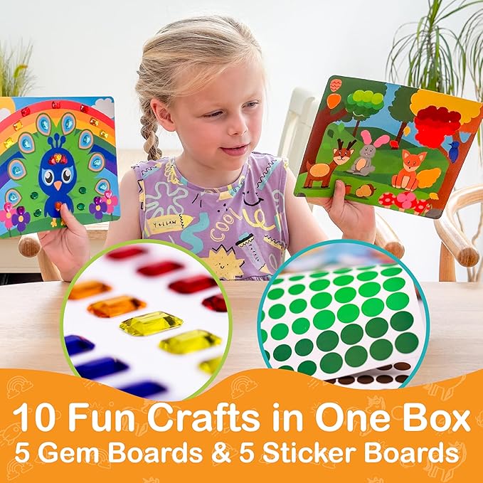 Craftikit® 10 Dot Art & Gem Art Animal Crafts for Kids Ages 3-8 - Kids Gem Painting & Dot It Sticker Art - Arts and Crafts for Kids Ages 4-8