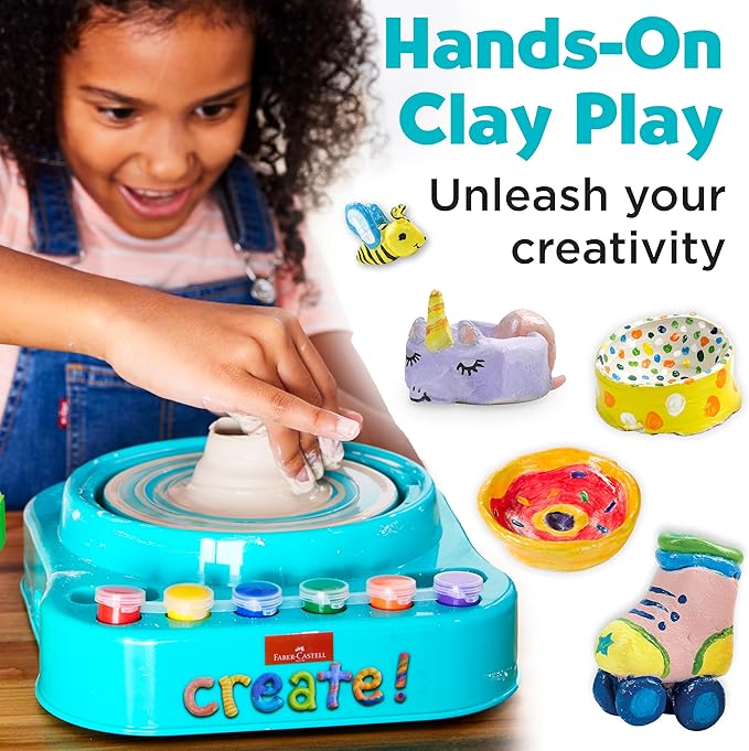 Faber-Castell Pottery Studio - Kids Pottery Wheel Kit for Ages 8+, Complete Pottery Wheel and Painting Kit for Beginners, 3 lbs of Sculpting Clay and Tools