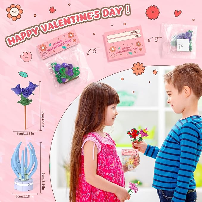 Valentines Day Gifts for Kids, Valentines Day Cards for Kids School with Flower and Succulents Building Blocks, Ideal for Kids Classroom Gift Exchange Building Set, Valentine Party Favor, 24 Packs