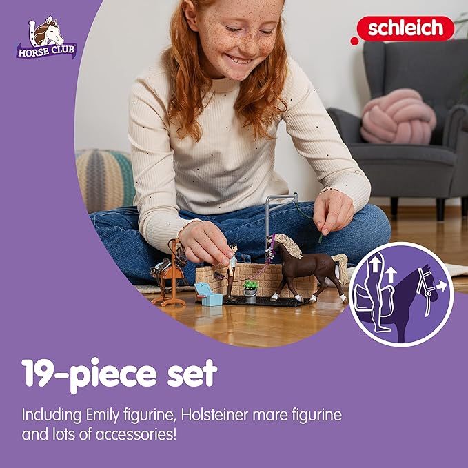 Schleich Horse Club — 19-Piece Equestrian Washing Area Horse Playset with Horse and Rider Figurines, Washing Stall with Moving Swivel Hose Arm, Horse Toys for Girls & Boys Ages 5+