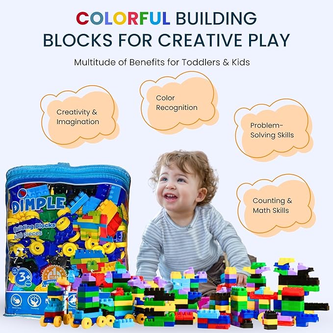 Dimple Large Building Blocks for Toddlers/Kids (600 Piece) Stackable, Multi-Colored, Interlocking Toys Safe, Non-Toxic Plastic Bright Colors, Waterproof Boys, Girls Age 3 for Kids