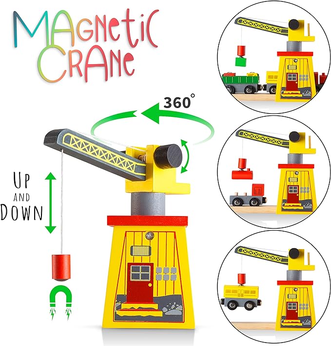 Wooden Train Sets for Boys 2-4-7 – 38 Pcs Wood Train Set for Toddlers w/Crane, Bridge & Wooden Train Tracks – Train Toys for 3 Year Old Boys & Girls – Fits Thomas Brio IKEA Melissa and Doug