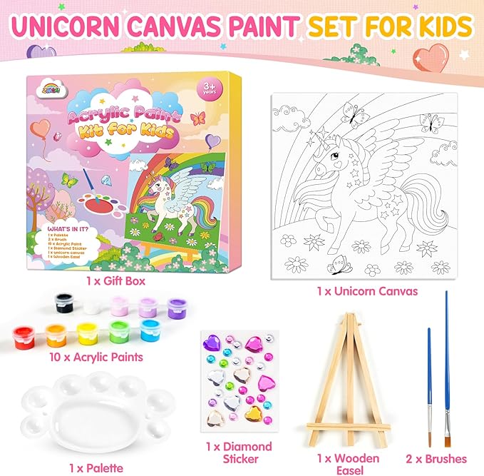 ZMLM Kids Pre Drawn Canvas for Painting, Acrylic Painting Kit for Kids ages 4-8, 10 x 10 Inch Unicorn Pre Drawn Canvas Panel with Diamond Sticker, Arts & Crafts for Kids Birthday Christmas Shcool Gift