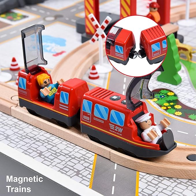 Giant bean Battery Operated Electric Locomotive Magnetic Train Set for Wooden Train Tracks, Powerful Engine Compatible with Most Brands, Wood Train Track Toys for Kids 3+