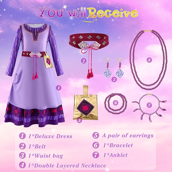 Vermeyen Wish Asha Costume Dress for Girl,Princess Costume Kids Dress Halloween Christmas Costume Cosplay Party Outfit