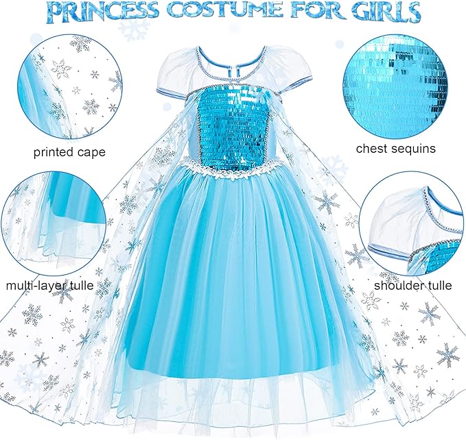 Tacobear Elsa Costume for Girls Kids Elsa Wig Blue Crown Glove Princess Dress Up Accessories Birthday Cosplay Outfit