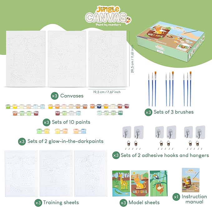BONNYCO Paint by Numbers Kit for Kids Animals Pack 3 Canvas Paint by Number Canvas, Jungle Animals Gifts for Boys, Arts and Crafts, Kids Paint by Number Kits Pre Drawn Canvas for Painting for Kids