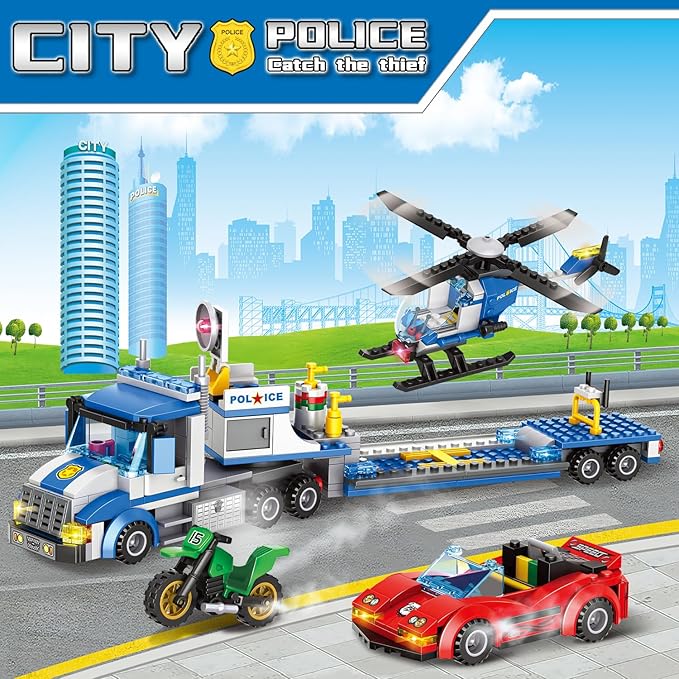 City Police Truck and Trailer Building Sets, Compatible with Lego Police Car with Tow Truck, Helicopter, Car, Motorcycle, Police Chase Building Blocks Toy Set Gift for Boys Aged 6-12, 509 PCS