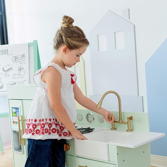 Teamson Kids Little Chef Charlotte Kids Play Kitchen, Wooden Kitchen Playset for Toddlers with Accessories, Pretend Ice Maker, Modular Design, & Storage Space, Mint/Gold, Gift for Ages 3+