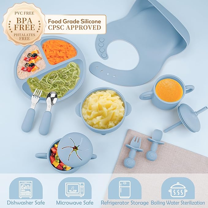Silicone Baby Feeding Set, Baby Led Weaning Supplies, Eating Essentials Utensils with Suction Plate and Bowl, Pocket Bib, Sippy Cup with Lid, Forks Spoons Snack Container, for 6+ Months, Blue