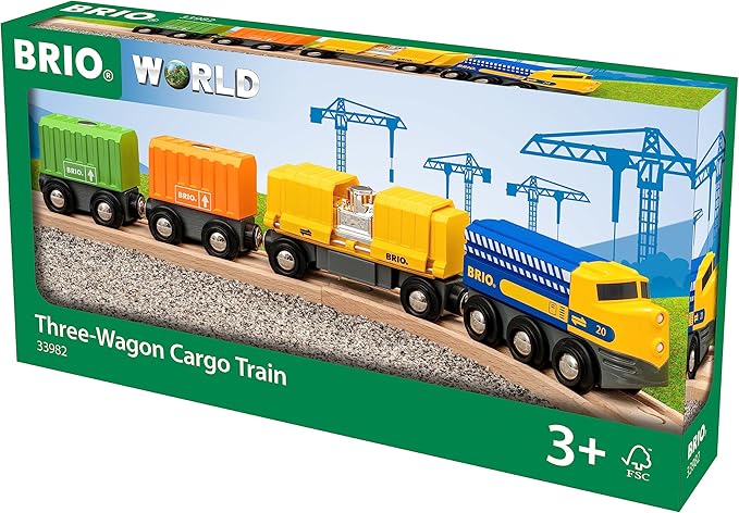 BRIO 33982 Three-Wagon Cargo Train - Kid-Friendly Wooden Toy Train | Engaging Play Experience | Compatible with All Railway Tracks | Ideal for Kids Age 3 & Up | FSC-Certified Materials