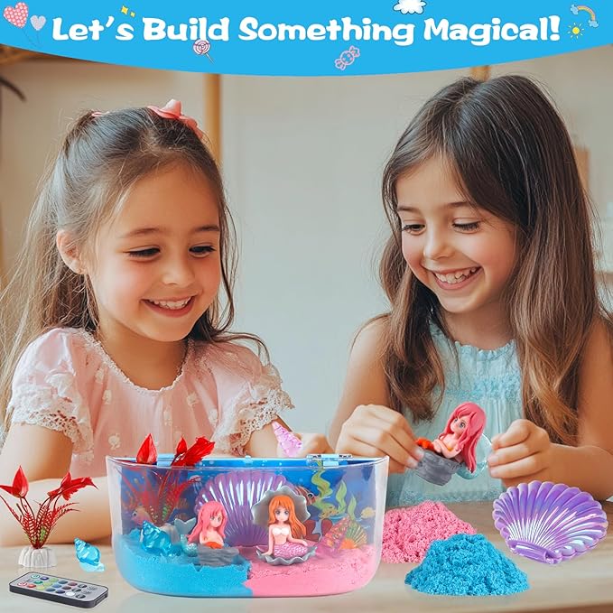 Mermaid Terrarium Light Up Kit for Kids - Birthday Gift for Girls 4-5-6-7-8-11 Year Old, DIY Mermaid Craft Toy with LED Night Light & Remote - Creative Arts and Crafts Gift for Girls Ages 4-12