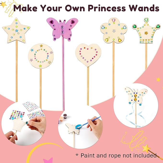 Pllieay Fairy Party Decoration, 36Pcs 6 Styles Princess Fairy Wands Kit, Fairy Wand Princess Wand for Girls Makes Your Own Princess Wand and Party Supplies