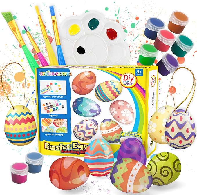 SpringFlower White Easter Eggs Painting Kit-24 Paintable Flocking Eggs with Doodle Kit for DIY Design with Rope for Easter Decoration/ Hunts,Basket Stuffers Fillers