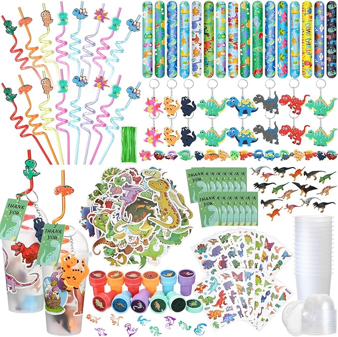 Qilery 267 Pcs Mermaid Party Unicorn Party Dinosaur Party Shark Party Favors Includes Plastic Cup with Lid Straw Keychain Bracelet Ring Stamper Stickers Tag For Party Favors Piñata Filling (Dinosaur)