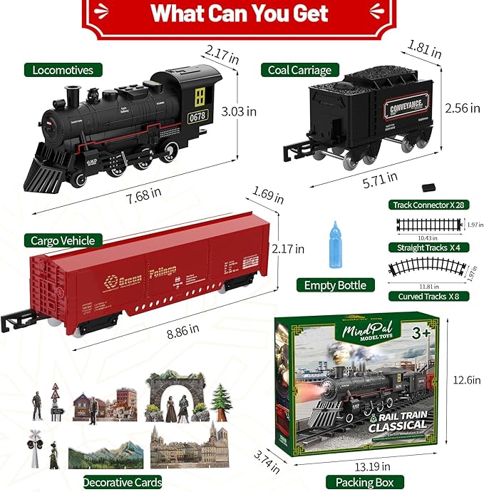 Train Set, Electric Train Set Toys with Smoke, Lights & Sound, Train Set for Under Christmas Tree with Steam Locomotives, Cars and Tracks, Christmas Train Toys for 3 4 5 6 7+ Years Old Kids
