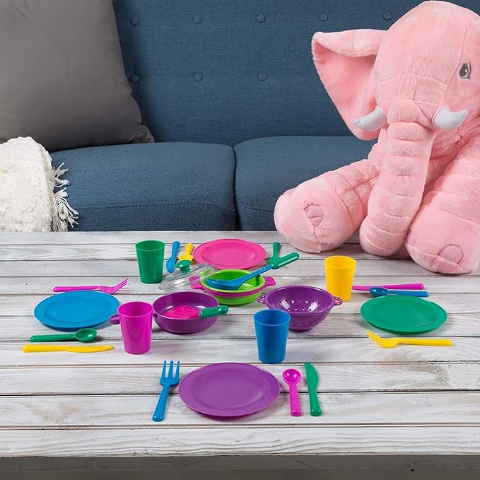 Kids Pretend Play Dishes Children's Kitchen Playset - Wash and Dry Tableware Dish Rack Toy with Drainer, Cups, Pots, Utensils (28 Pieces)