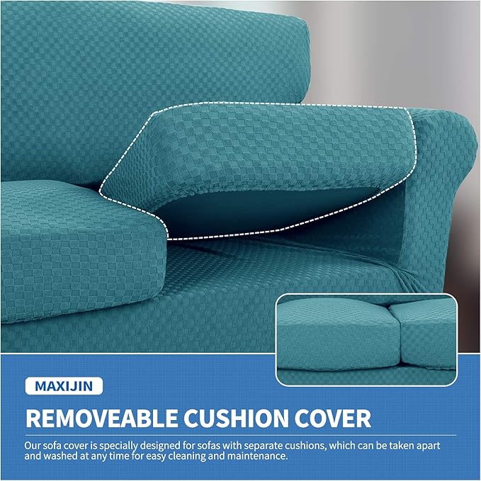 MAXIJIN 3 Piece Stretch Couch Covers for 2 Cushion Couch Sofa Slipcovers with 2 Extra Large Seat Cushion Couch Jacquard Loveseat Sofa Couch Cover for Dogs (2 Cushion Sofa, Peacock Blue)