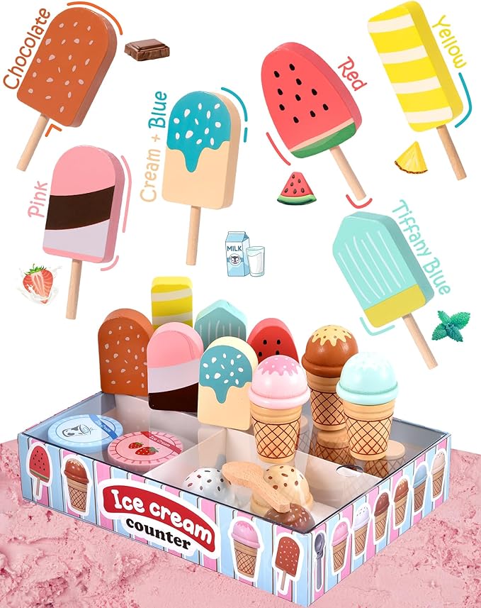 Wooden Ice Cream Toys Kids Kitchen Play Store for Toddlers Girls, Play Kitchen Accessories with Scoop & Menu & Fake Money, Wooden Toys for 3 4 5 Year Old Girls Boys Birthday