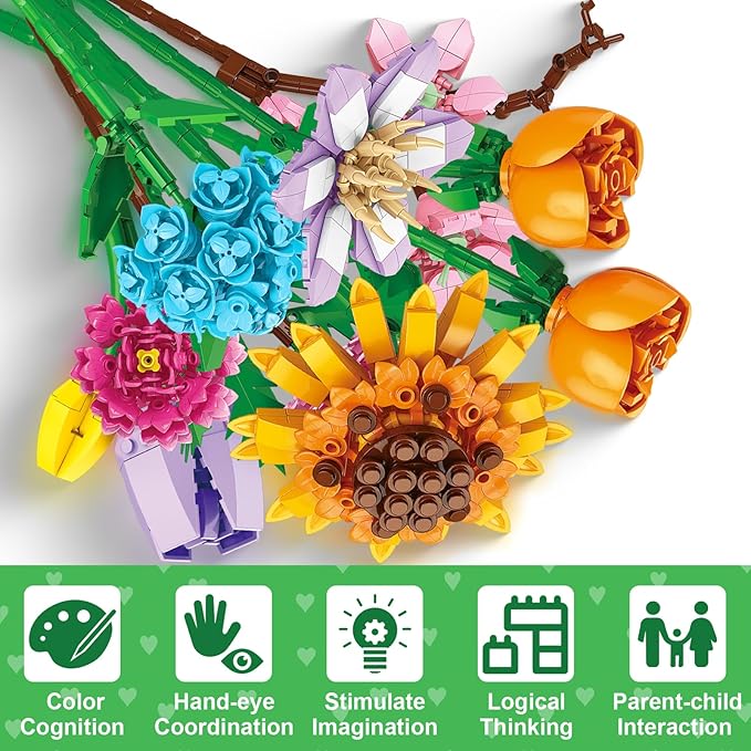 Valentines Day Gifts for Kids Teens, 24 Pack Sunflower Bouquet Building Blocks with Gift Cards for School Classroom, Bulk Boy Girl Kid Valentine Party Favors Exchange Goodie Bag Gifts Stuffers