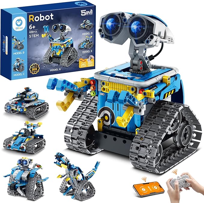 Sillbird 5in1 STEM Robot Building Kit Christmas Toys for Ages 8-13, Remote&App Controlled Educational Coding Technic Set for Kids Birthday Gifts for Boys Girls Aged 8 9 10 11 12 13+ (488 Pieces)-Blue