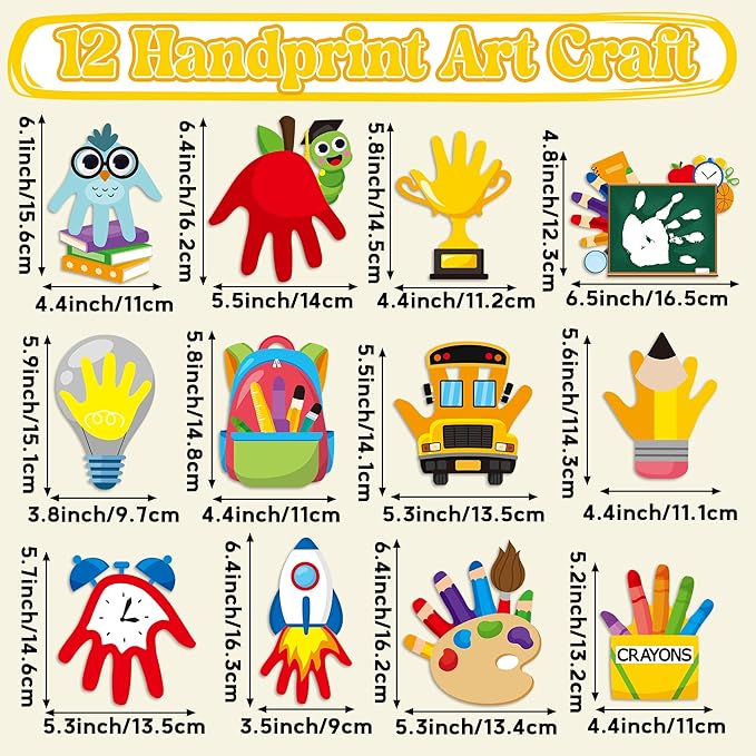 WATINC Back to School Handprint Art Craft - 12Pcs First Day of School Themed Easy DIY Kit, Pencil Bus Schoolbag Arts Supplies Preschool Classroom Hand Print Activity Party Favors for Kids Toddlers