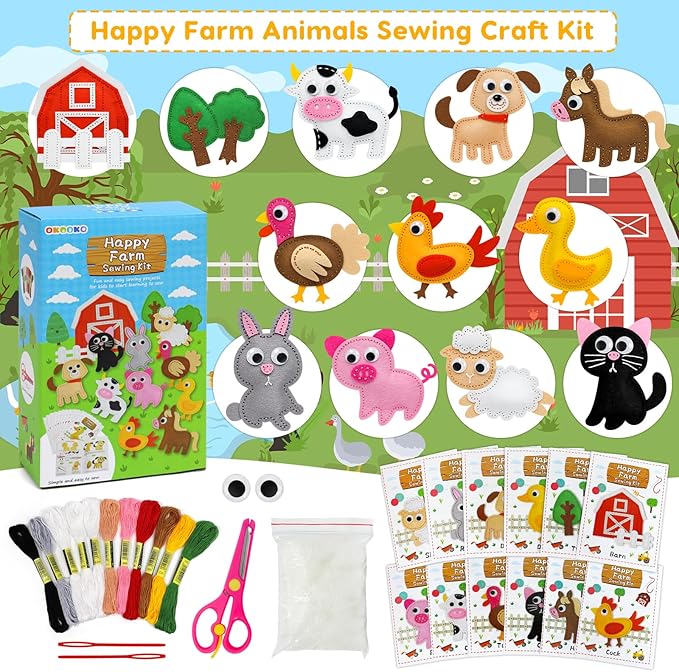 OKOOKO Animal Sewing Craft Kit, Sewing Craft Kit for Kids, DIY Crafting and Sewing Set, Plush Craft, Art Craft Kits, Fun and Educational Craft Set, Sew Your Own Felt Animals Craft Kit